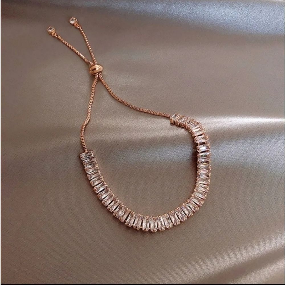 Rose Gold Adjustable Baguette Diamond CZ Stone Bracelet Geometric Tassel